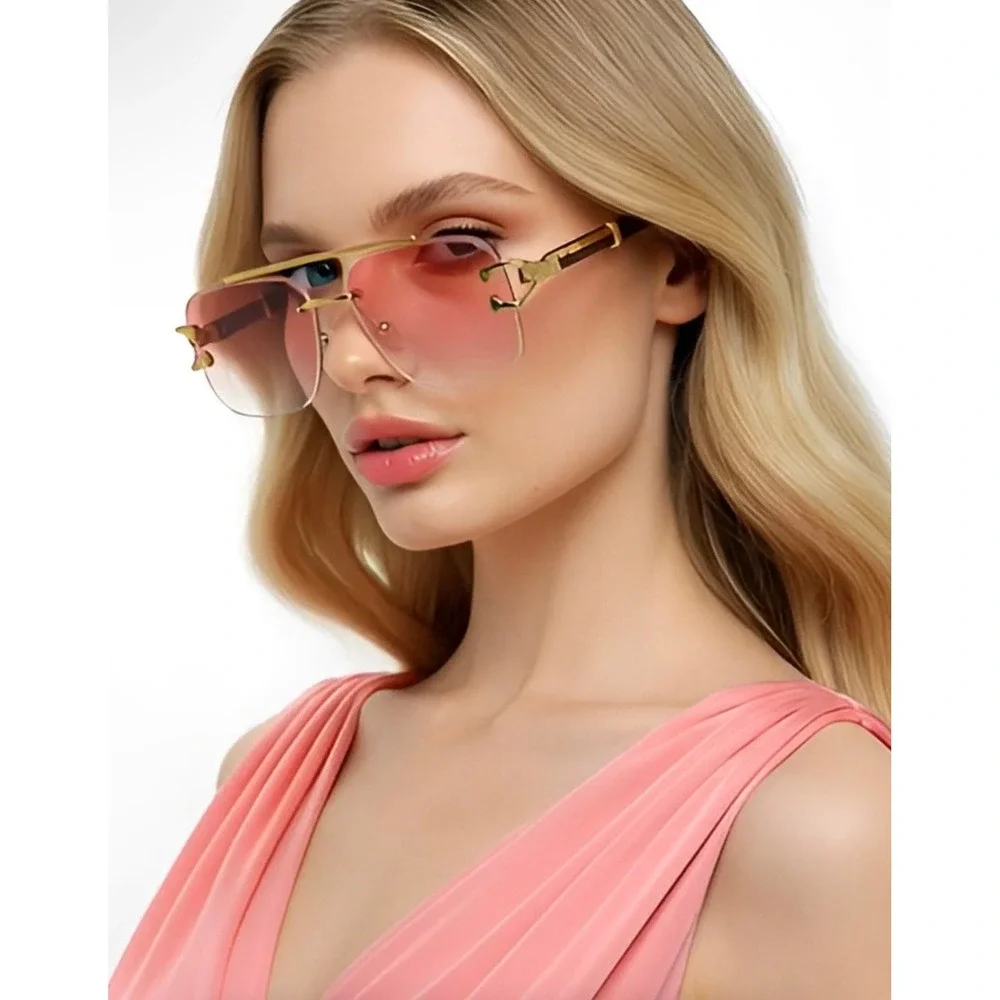 Pink Gradient Rimless‎ Square Women Sunglasses Gold Panther Wood Grain Temples